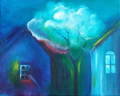 blue house and cherry tree by matilda lorentsso