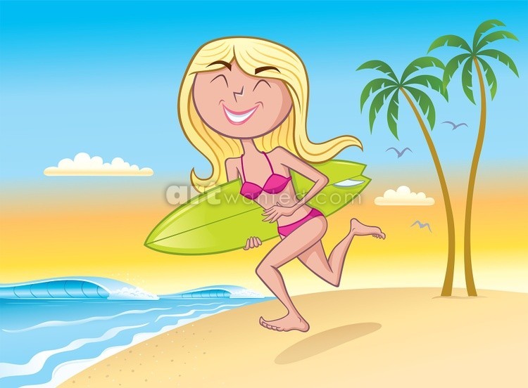 Surfer Girl Running On Beach With Surfboard