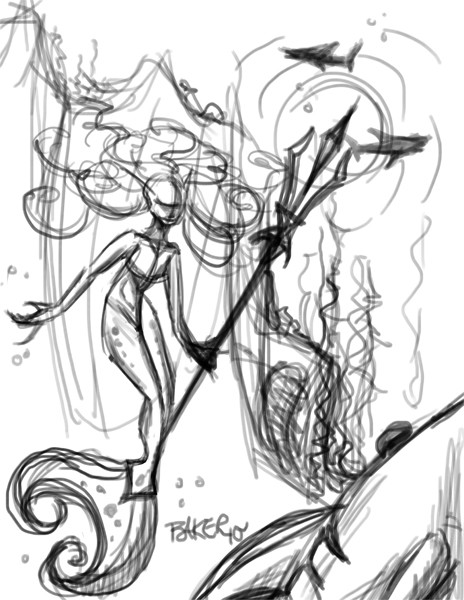 Mermaid fending off sharks