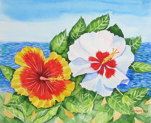 Hibiscus and sea.2007.25x30 cm