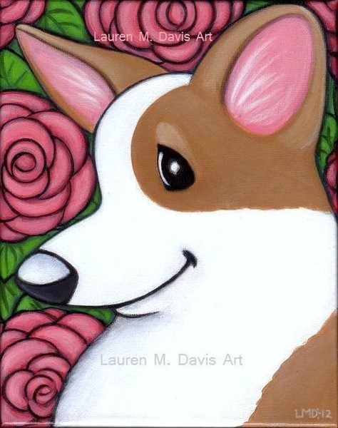 Welsh Corgi Dog LAUREN Rose Painting FOR SALE