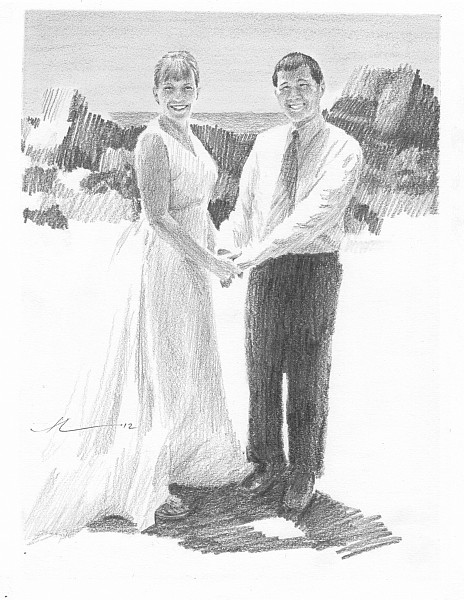newlyweds beach pencil portrait