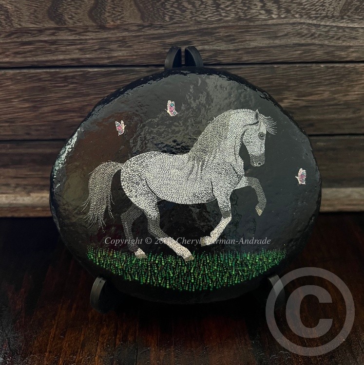 Gray Lusitano Horse Dot Art River Stone