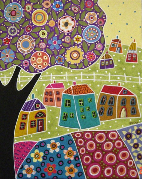 Houses Blooms and a Tree Collage Painting