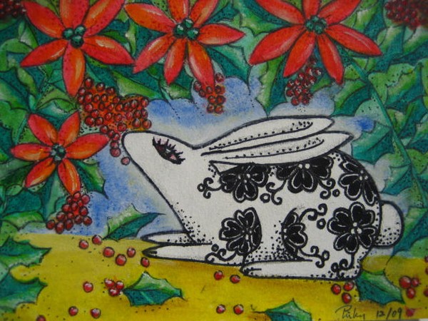 a white rabbit & christmas flowers