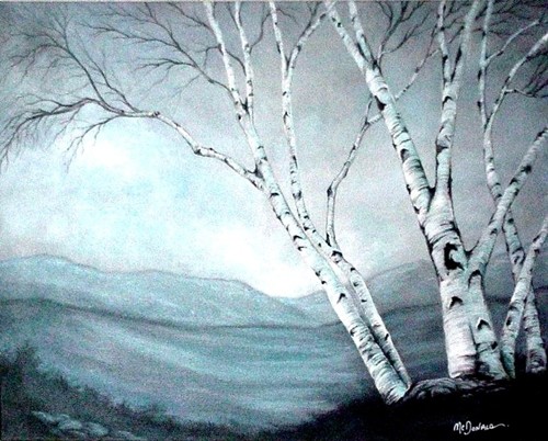 Birch trees in blue & white