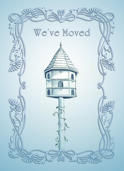We've Moved, Cottage Birdhouse Greeting Card
