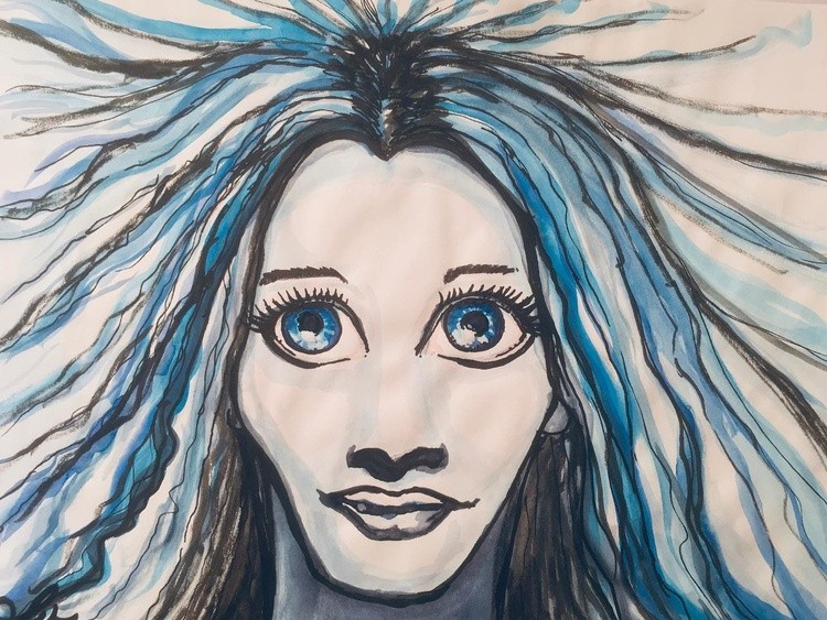 bigeyeart portrait watercolor blue