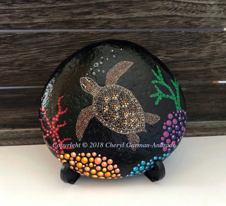 Sea Turtle & Reef Pointillism Painted Stone 