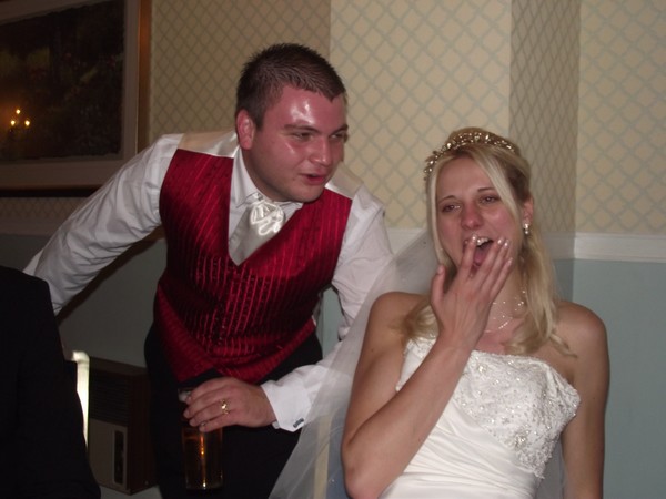 Bride and groom laughing