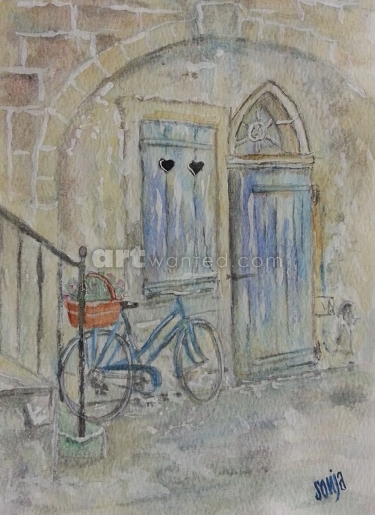 Streetscene with blue bicycle