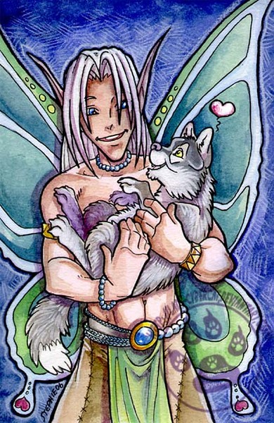 Fairy boy with wolf cub