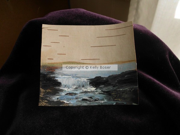 Waterfall #1 Oil Paint on Birch Bark 2 1/2 x 3