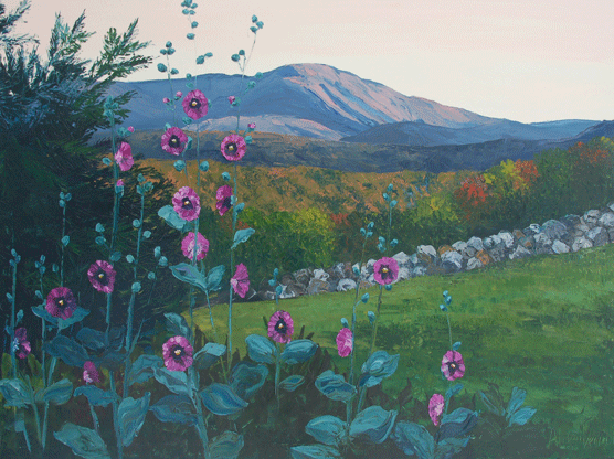 Hollyhocks and Mt. Sunapee by Alison Vernon