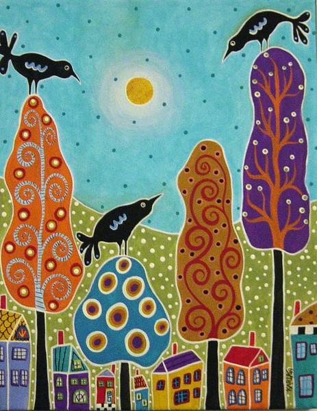 Houses Birds and Trees Painting