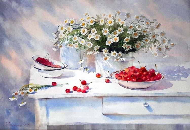 Still Life with Daisies and Cherries