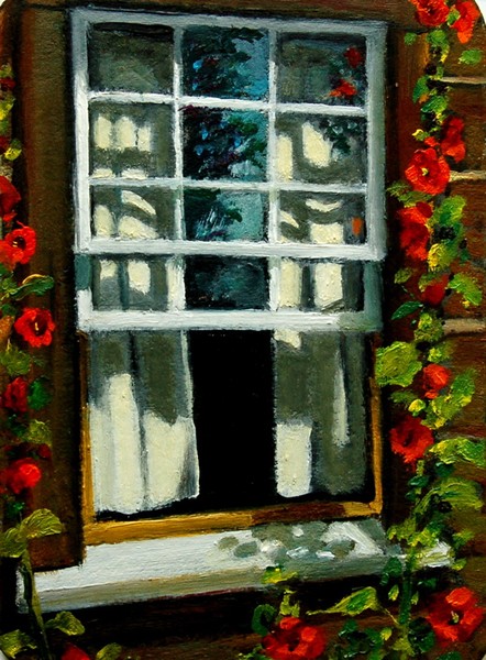 Hollyhocks by the Open Window