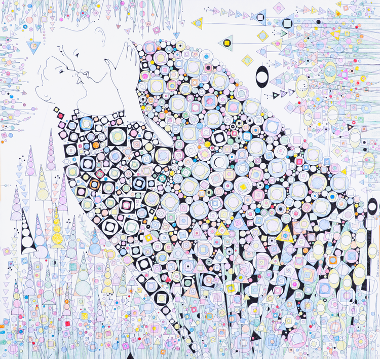 Two lovers in a field of flowers