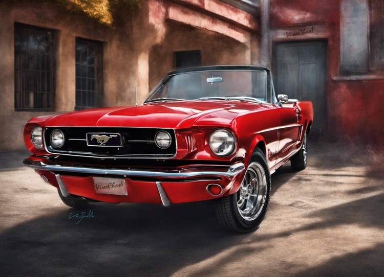 Red Mustang Ragtop in Hacienda Courtyard