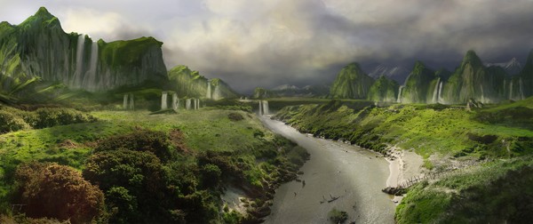 Grasses pano with waterfalls matte painting
