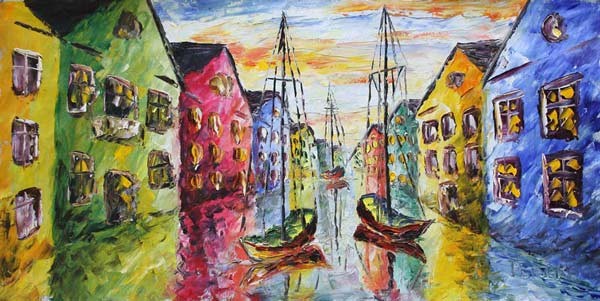 VENICE BOATS VI - oil PALETTE KNIFE painting