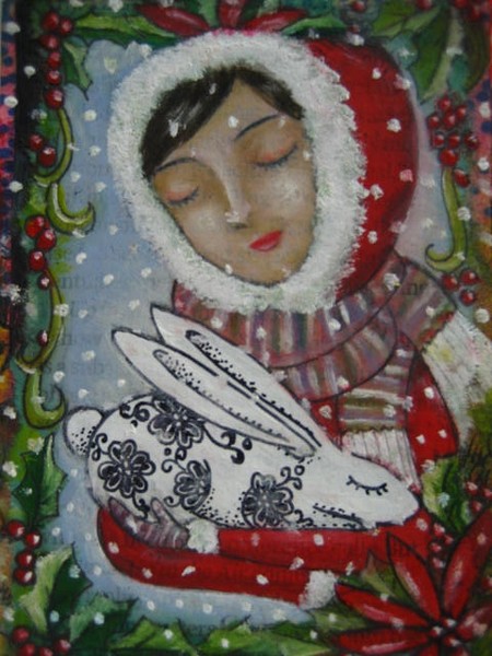 a girl & a white rabbit & snow