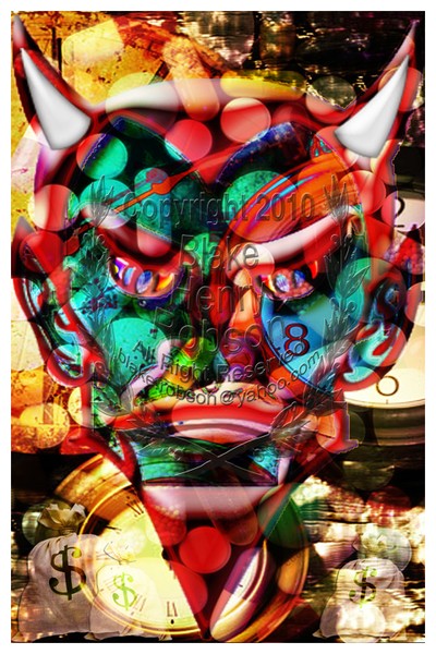 Dealing with the devil collage;  corporate greed