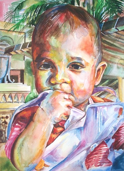 Portrait in aqua colors.