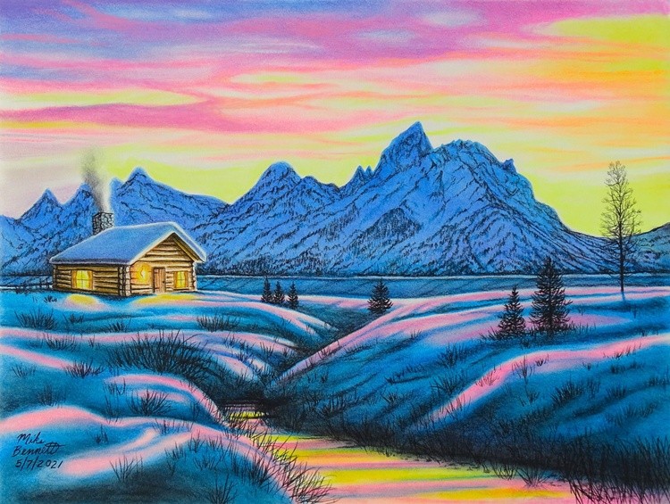 Tetons Winter Cabin at Sunset 