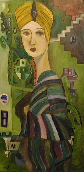 woman in blue dress with yellow turban