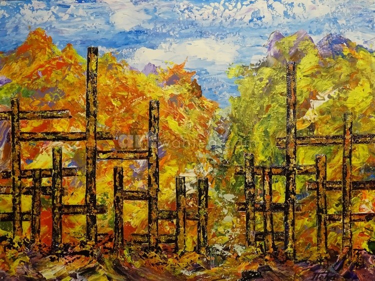 An abstract wooden fence, and behind it is a cheerful abstract forest and sky