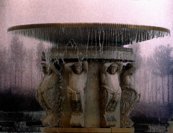 Photomontage  urban  fountain raininy woods