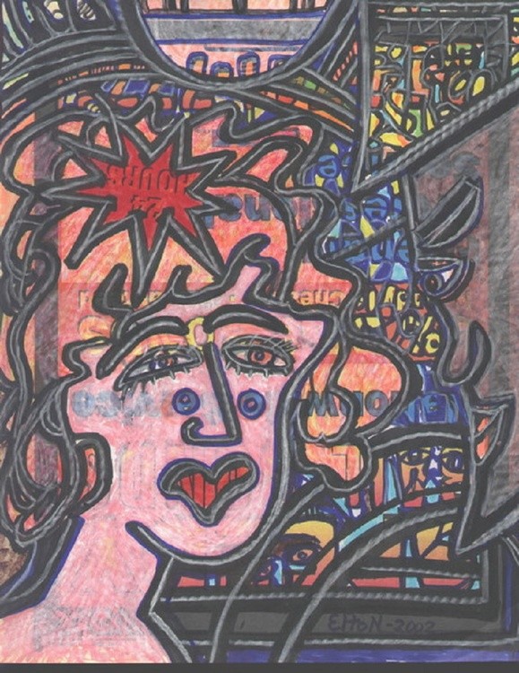 Devil On Her Shoulder..(c) 2002..elton houck mixed paints pens on 8X 10 phone yellow page