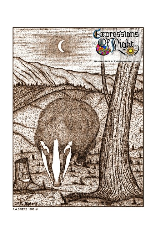 ExpoLight-Graphic-Arts-Badger-In-Moonlight-1986-0001 (Pen-&-Ink-Sepia-SP)