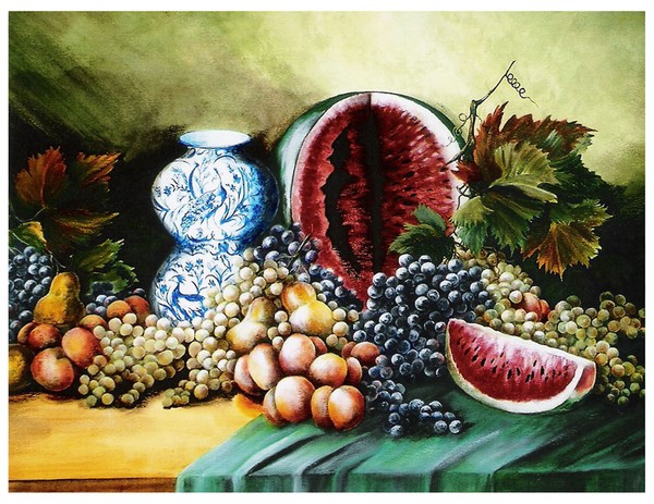Watermelon and Delft Jar Still Life