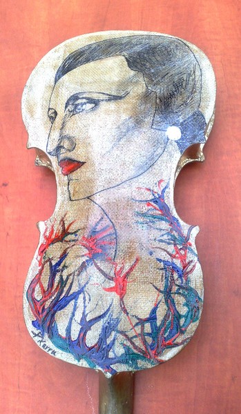 Eco Burlap -canvas playable violin with painting.