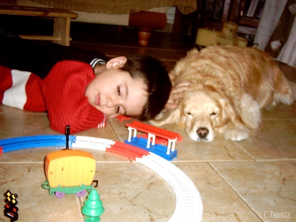 My son and our dog milka.