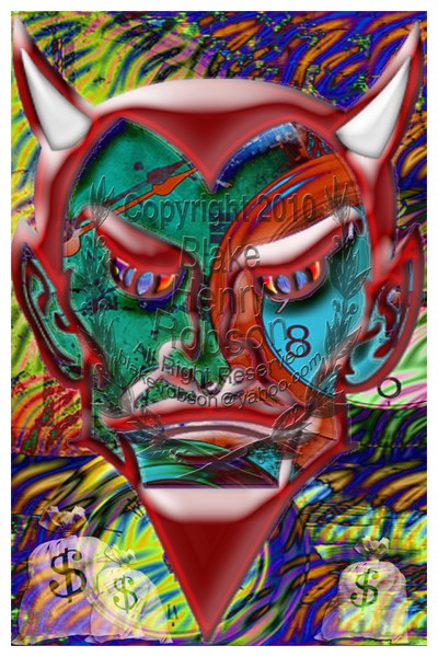 Dealing with the devil collage;  corporate greed