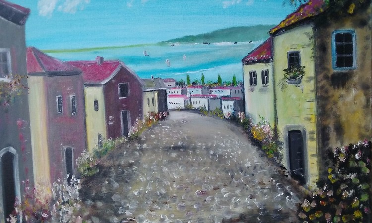 Tuscany Village scene original hand painted by T P