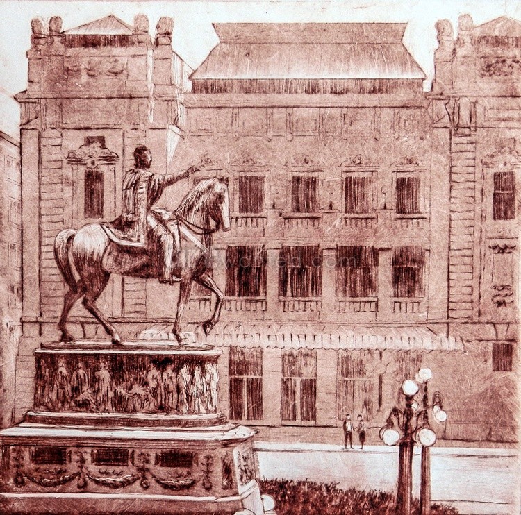 Belgrade National Theater and the monument on Republic Square. Artistic souvenir of Belgrade