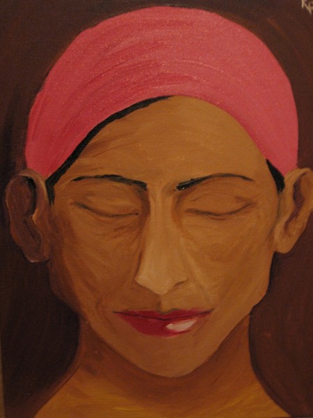 woman with pink scarf