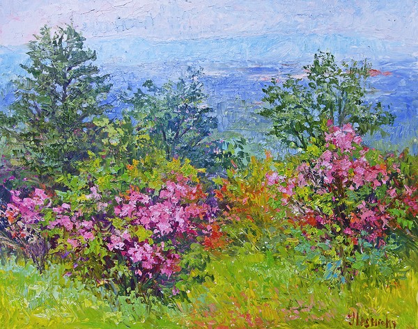 Mountains and blooms, windy day