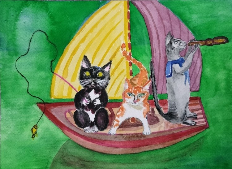 Three cats in a boat
