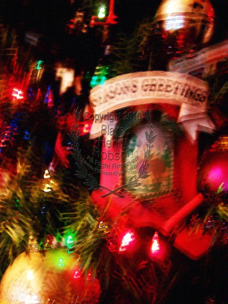 Christmas tree, ornaments, tinsel & colorful light