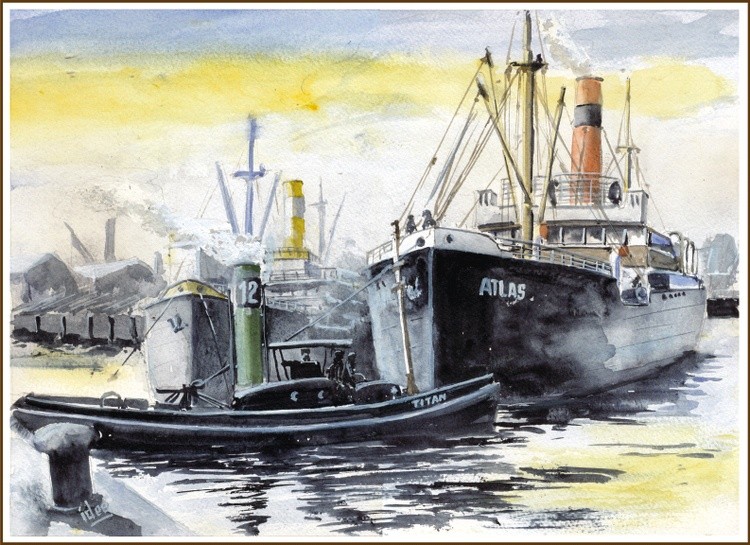 Harbor tug in action at the beginning of the last century