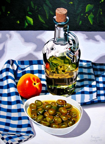 Olive jar, nectarine and bowl of olives