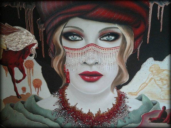 Woman in red .