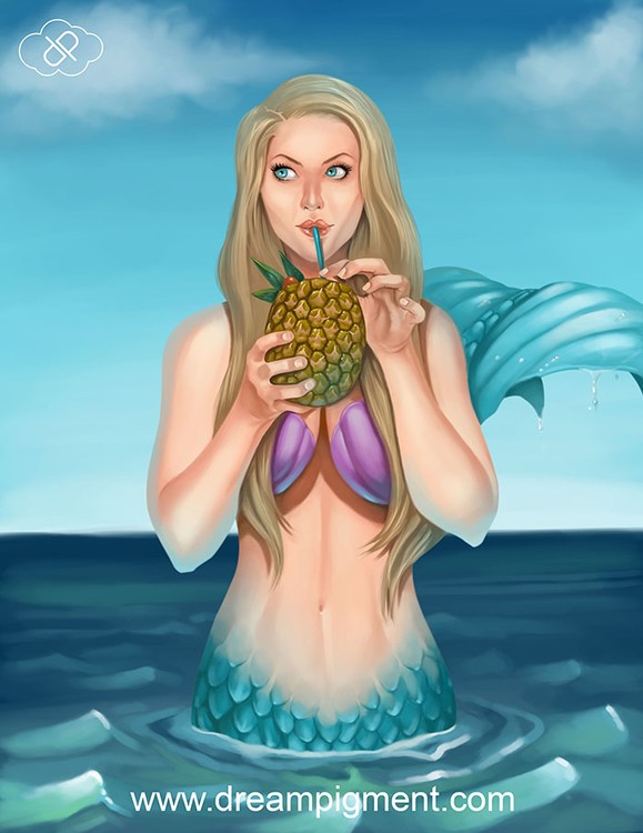Mermaid Drinking a Pineapple Cocktail