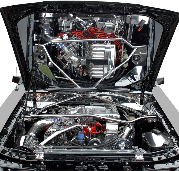 Car Engine Reflection Against MIrrored Hood