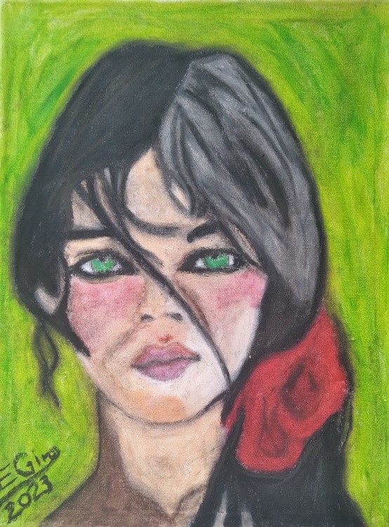 Ecuadorian girl with long dark hair and green eyes
